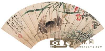 唐云 庚寅（1950年）作 蟹菊图 扇面 